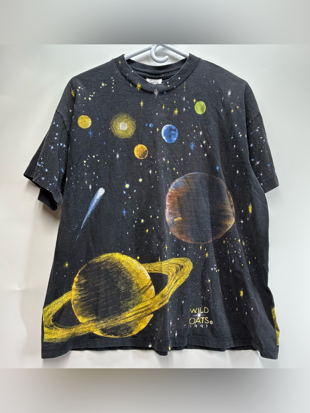 Vintage 1991 90s Wild Oats XL Space AOP All Over Print Tee T Shirt USA Planets